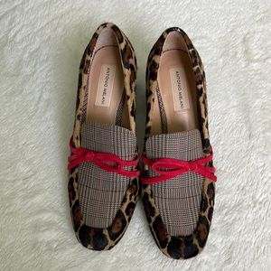 Leopard print heels with red suede trim